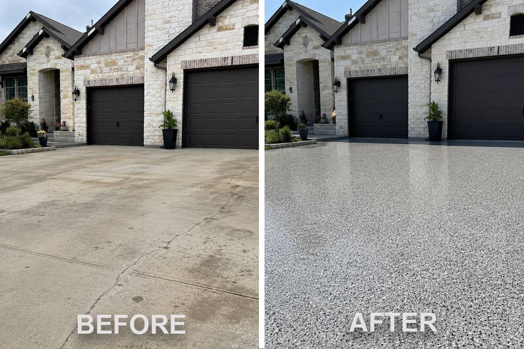 Before and after: a cracked, stained concrete driveway renewed with a fresh flake coating
